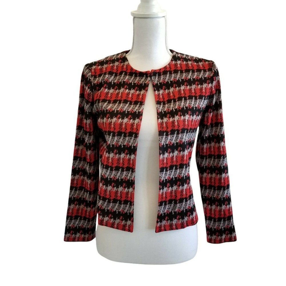 Ming Wang Houndstooth Cardigan Sweater Red Black Gray Petite X-Small PXS